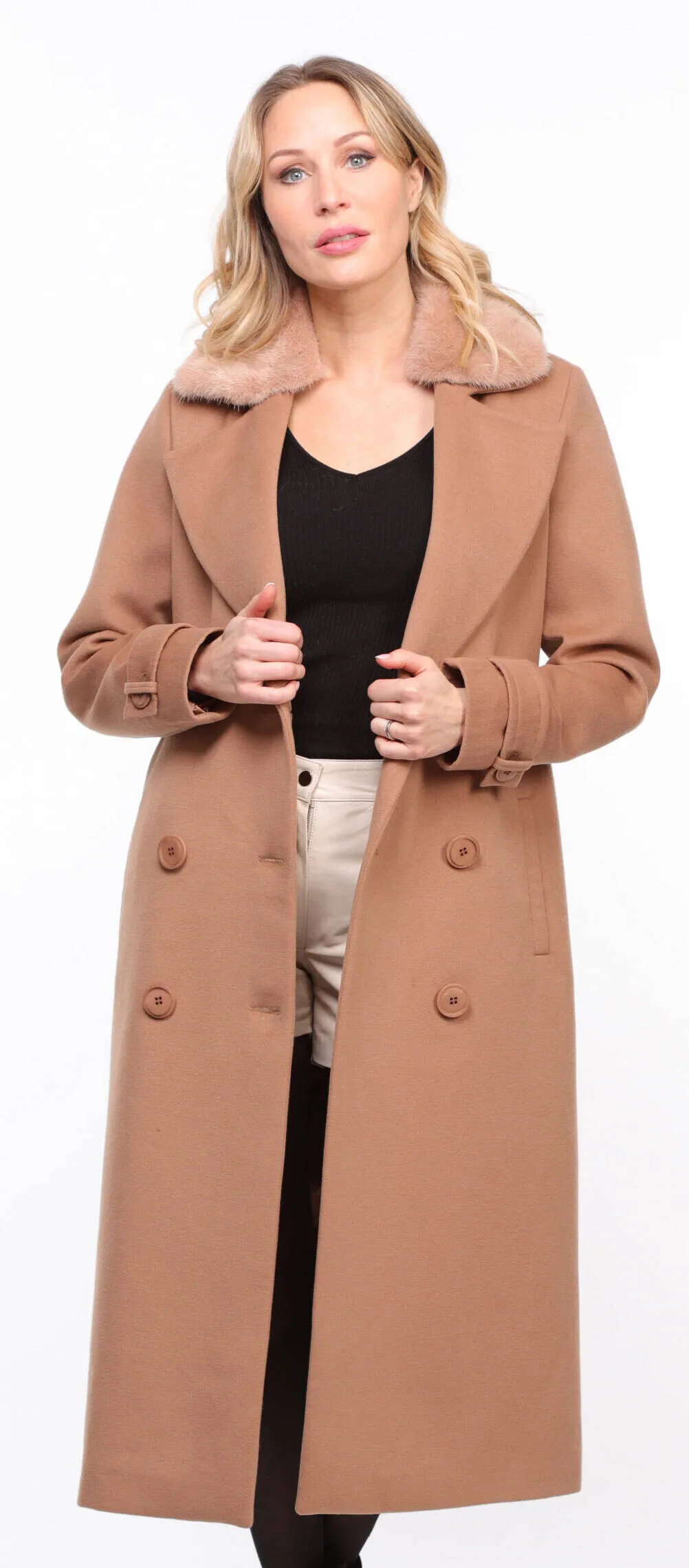 Woman's Mink Collar Fabric Coat in Taupe Synthia