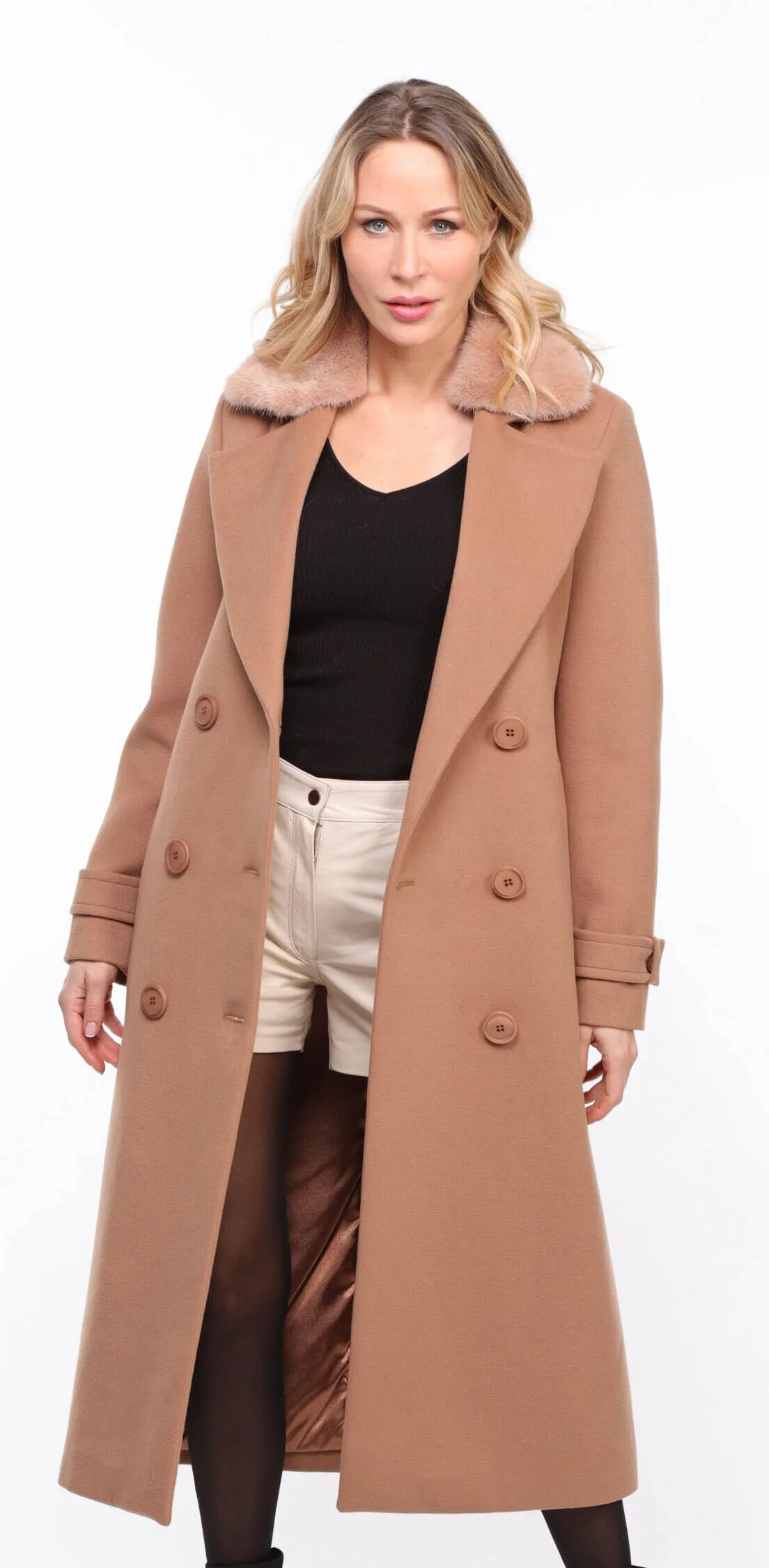 Woman's Mink Collar Fabric Coat in Taupe Synthia