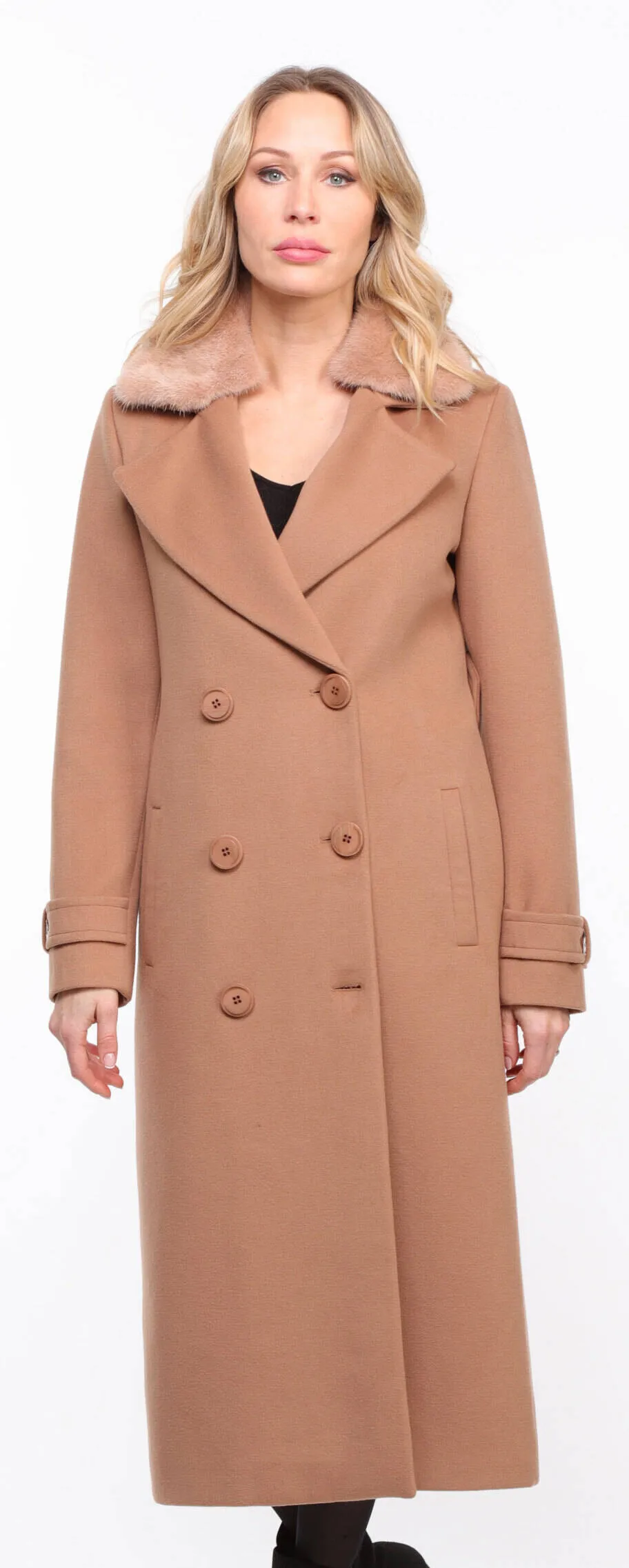 Woman's Mink Collar Fabric Coat in Taupe Synthia