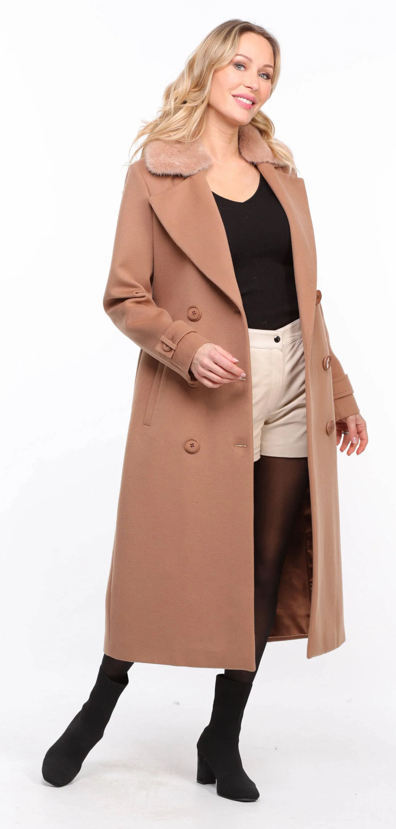 Woman's Mink Collar Fabric Coat in Taupe Synthia