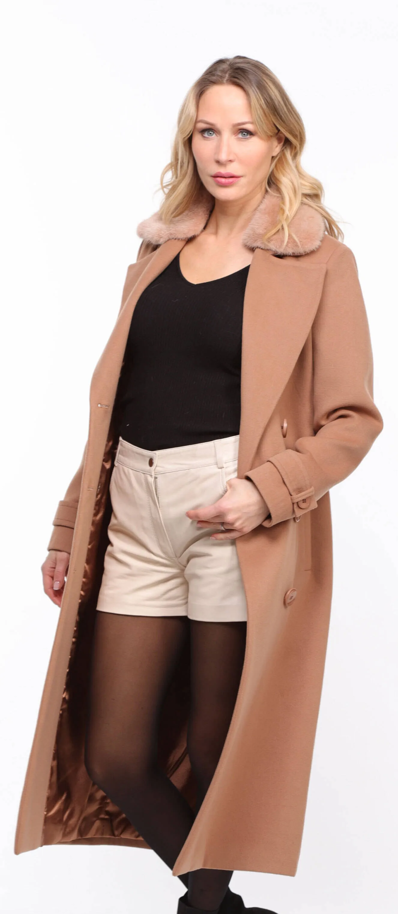 Woman's Mink Collar Fabric Coat in Taupe Synthia