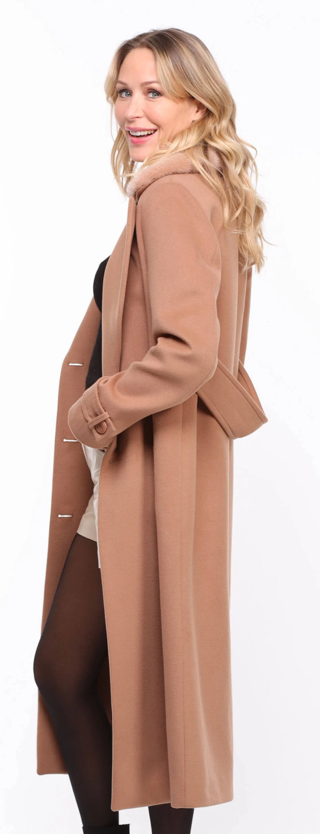 Woman's Mink Collar Fabric Coat in Taupe Synthia