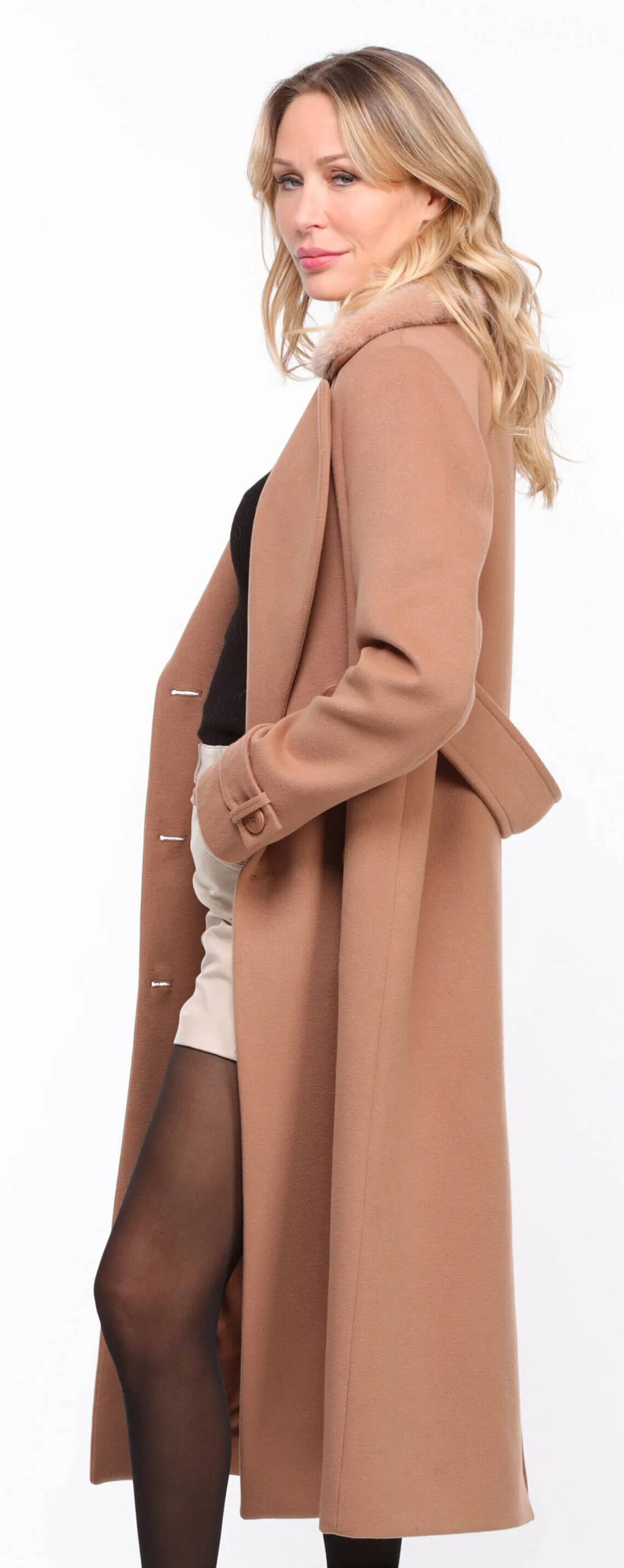 Woman's Mink Collar Fabric Coat in Taupe Synthia