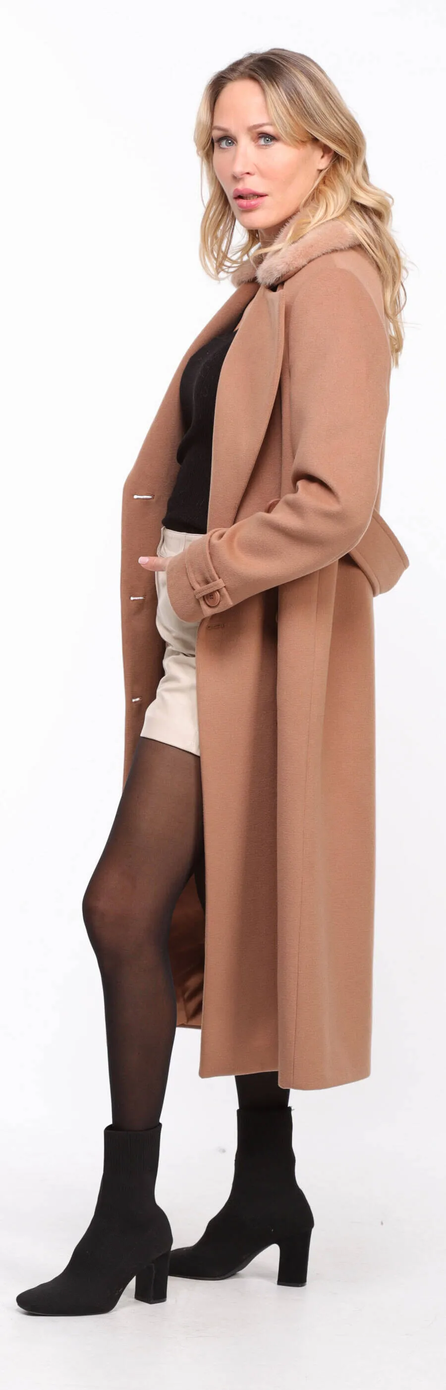 Woman's Mink Collar Fabric Coat in Taupe Synthia