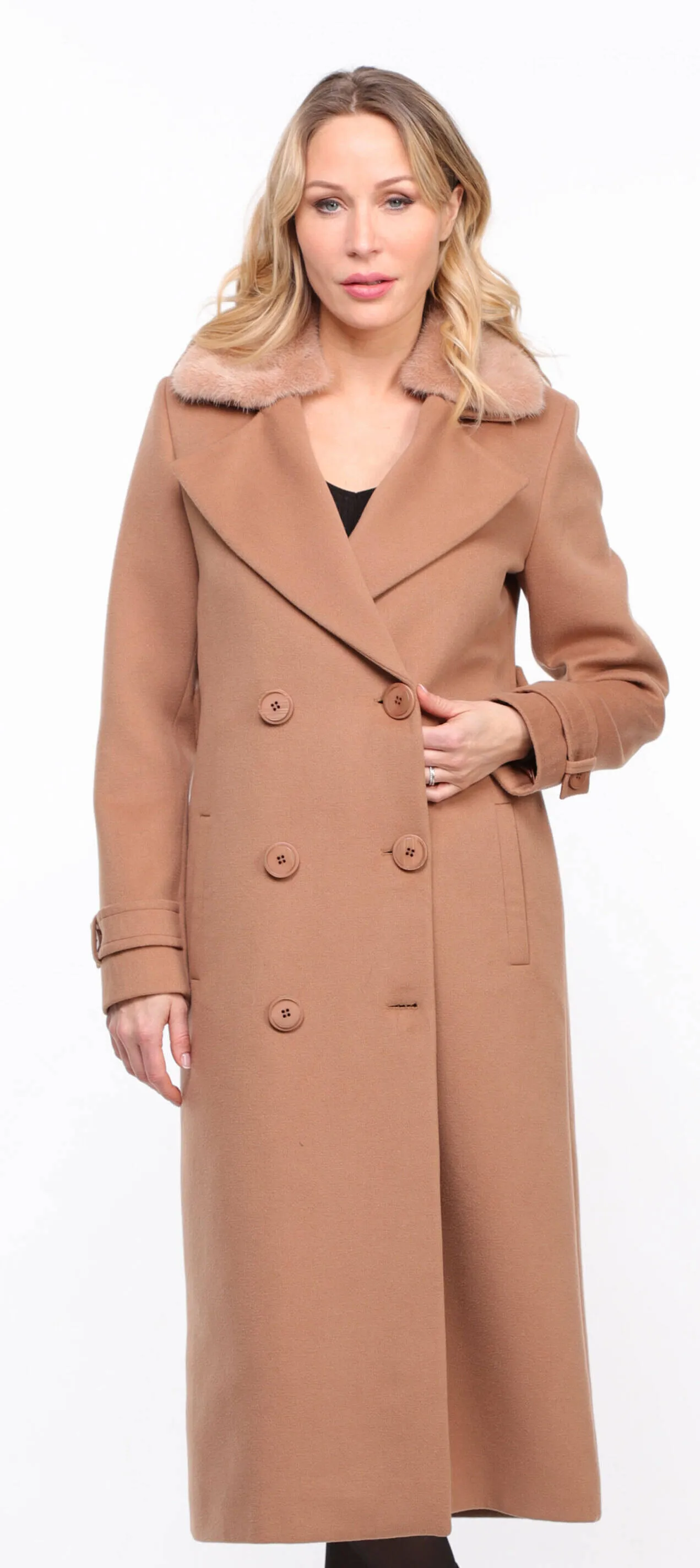 Woman's Mink Collar Fabric Coat in Taupe Synthia