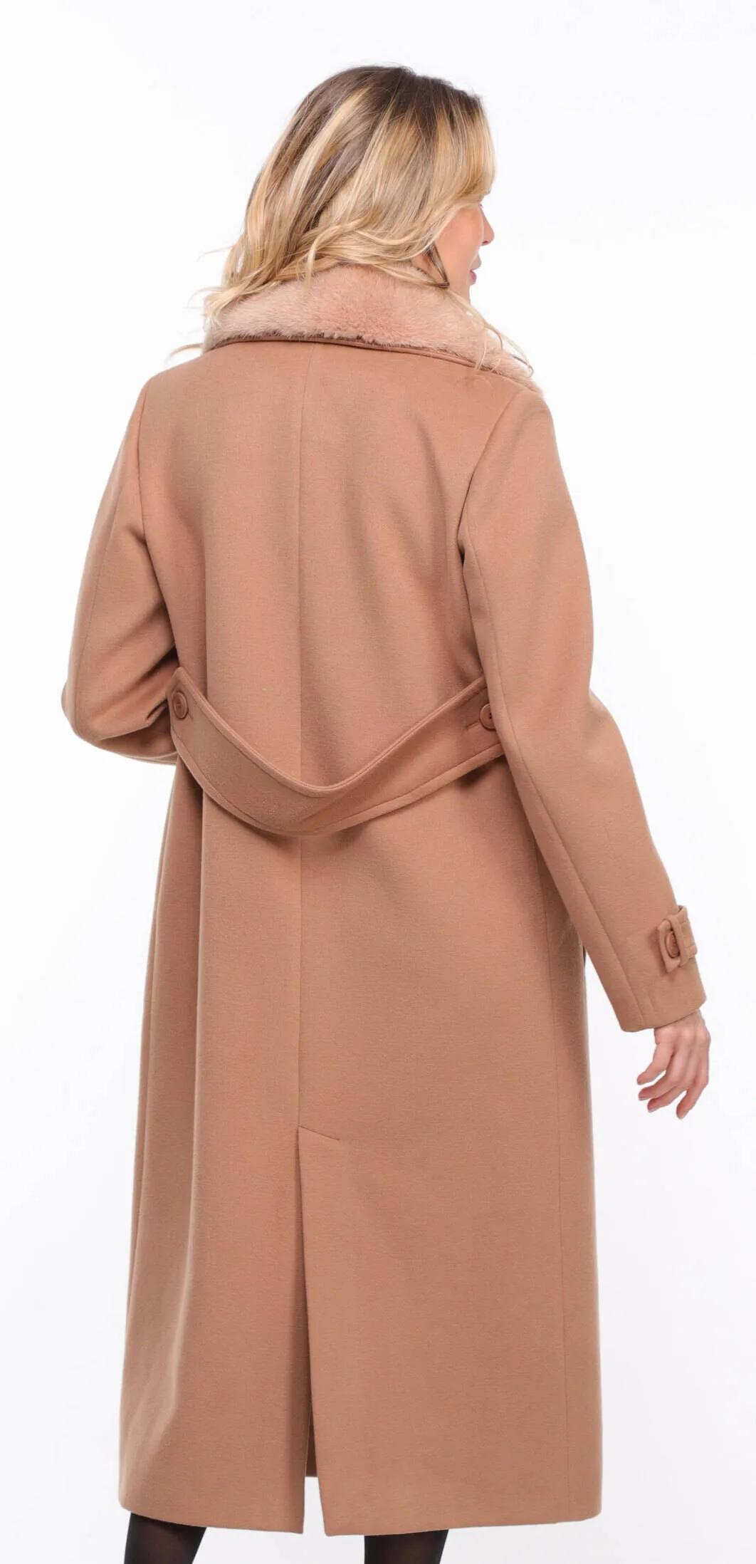 Woman's Mink Collar Fabric Coat in Taupe Synthia