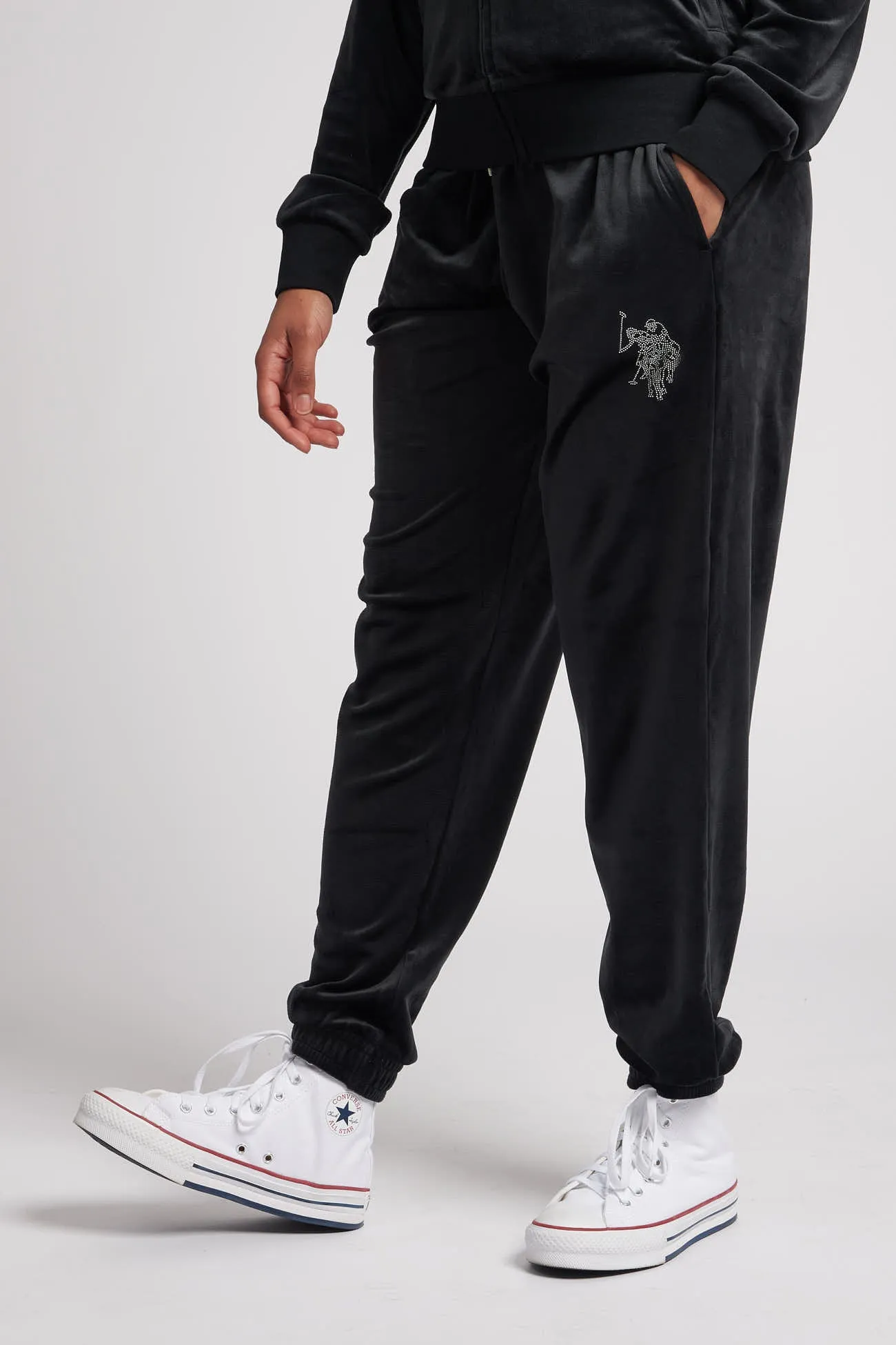 Womens Velour Diamante Loose Fit Joggers in Black