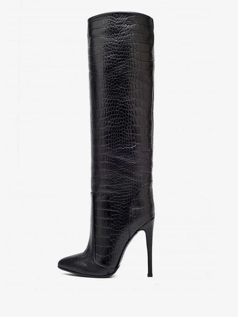 Fashionable PU Leather Stiletto Heel Women's Wide Calf Boots