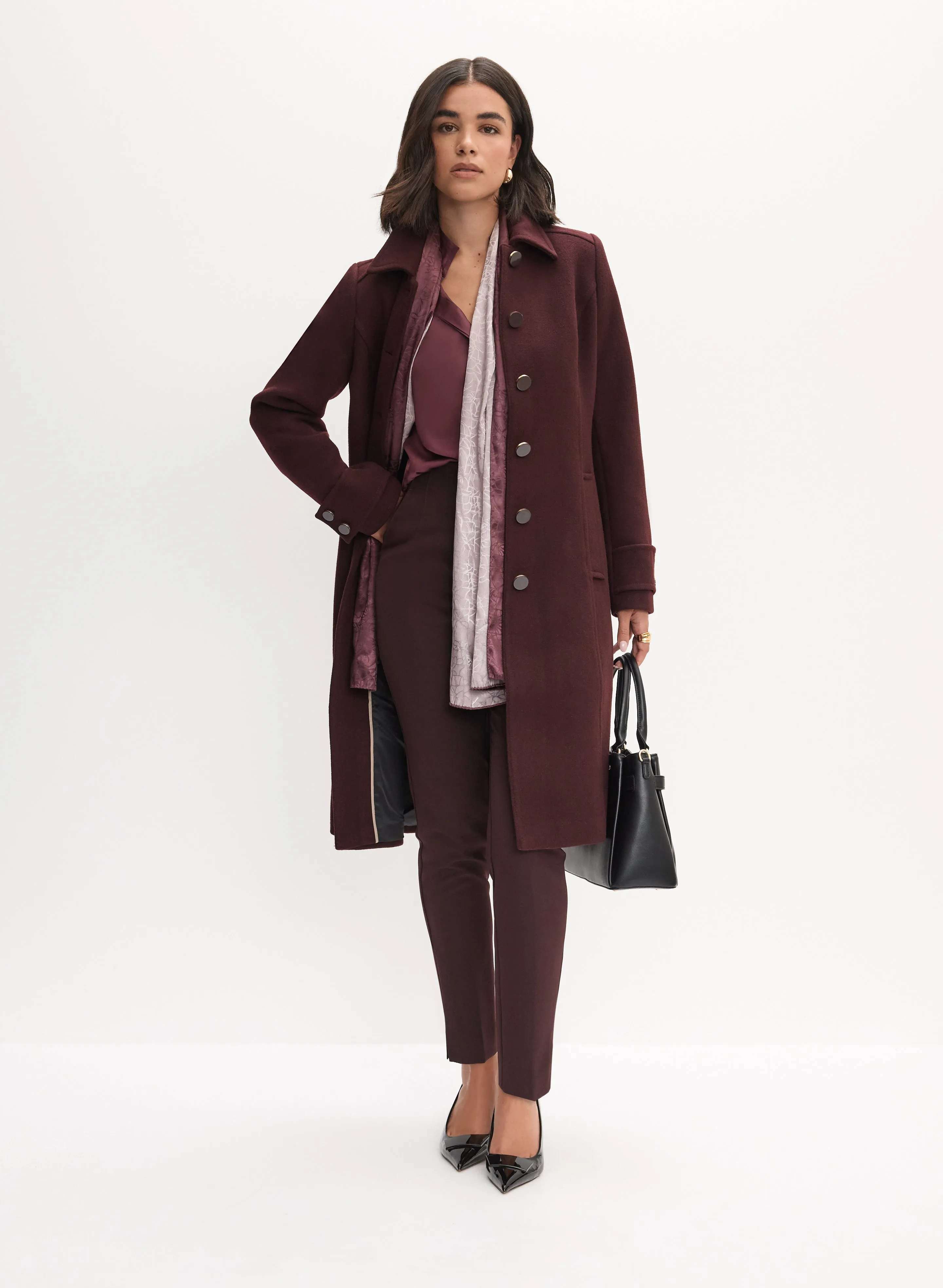 Wool Blend Coat with Slim Leg Pants - Stylish Outfit Option