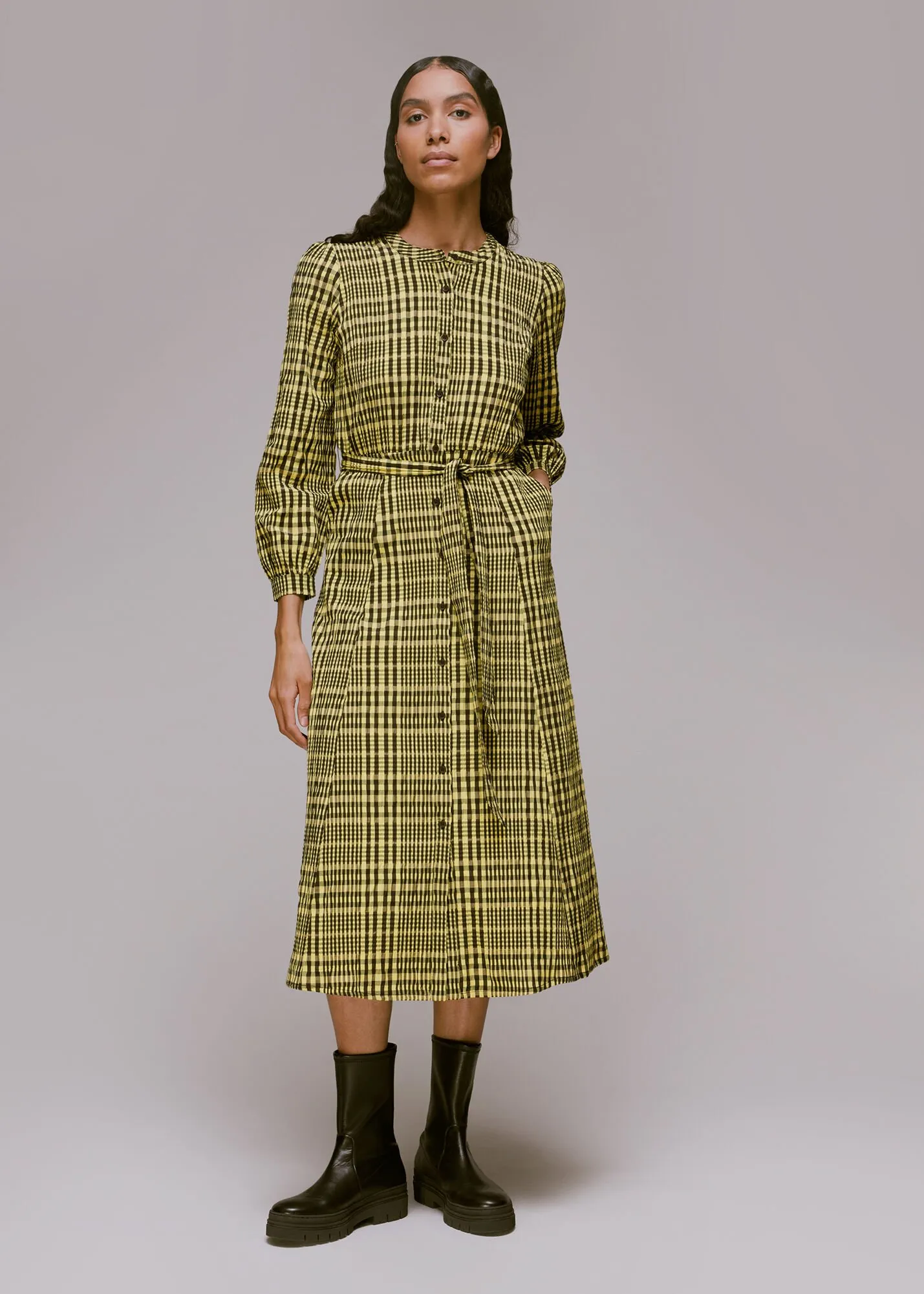 Yellow Nora Gingham Check Midi Dress