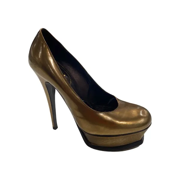 YVES SAINT LAURENT antique gold patent leather heels