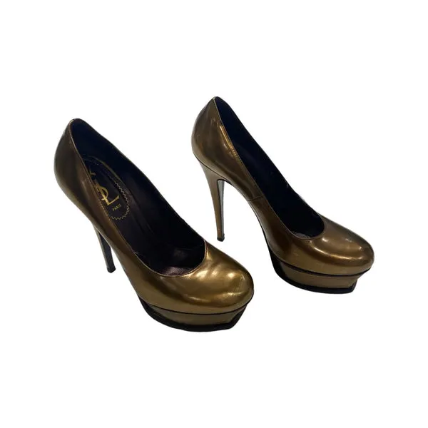 YVES SAINT LAURENT antique gold patent leather heels