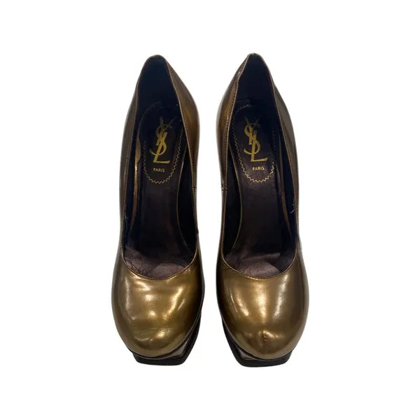 YVES SAINT LAURENT antique gold patent leather heels