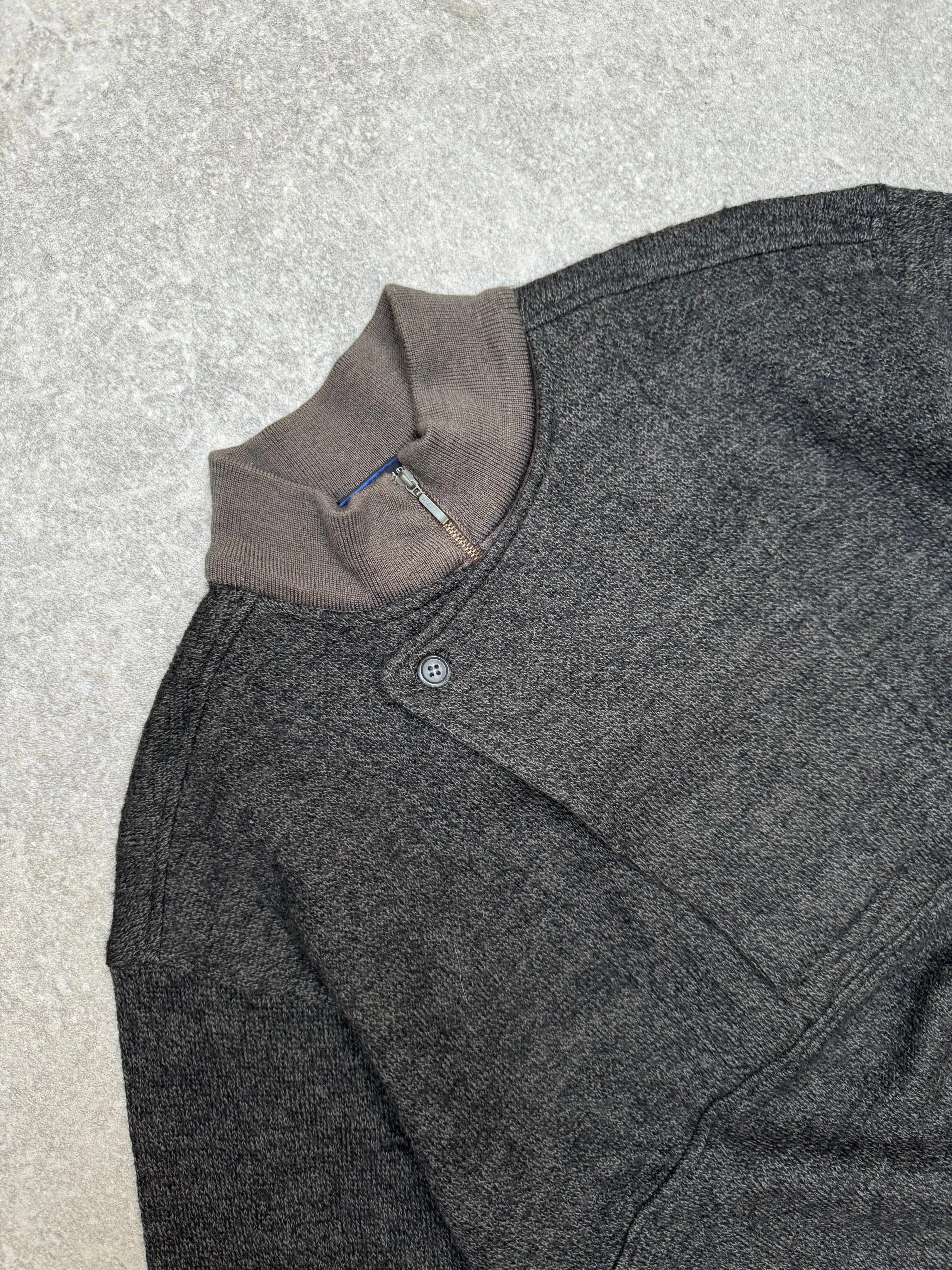 Yves Saint Laurent Vintage Grey Quarter Zip Button Panel Knit Sweater